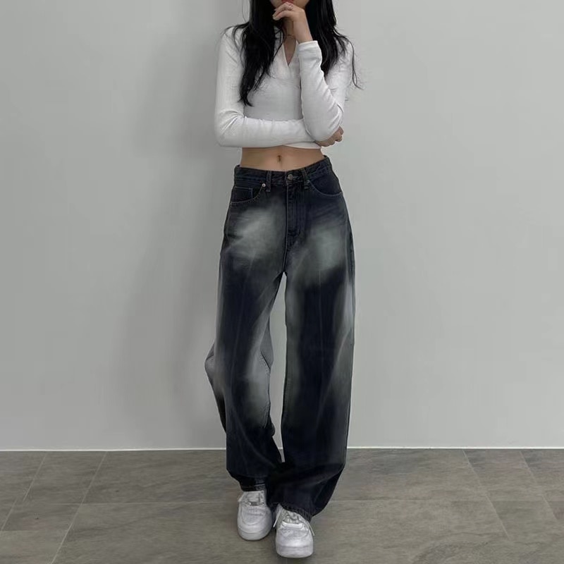 90S Vintage Hollow Out Woman Jeans Pockets Harajuku Korean Baggy Cargo Pants Y2k StreetWear Straight Wide Leg Pants 
